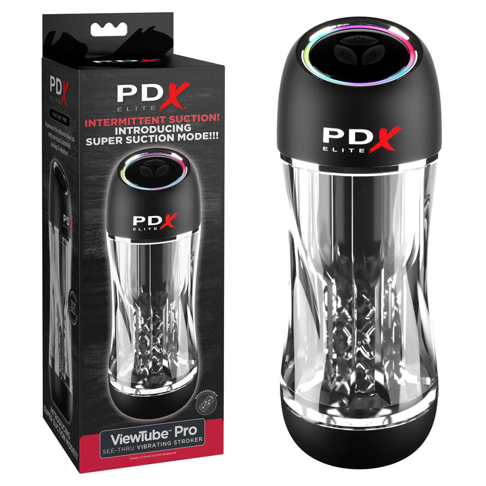 Front view of the PDX Elite vibrating male masturbator with packaging, on a clean white background | Flirty Bay adult store Perth